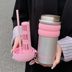 便携 简约双饮保温杯女生高颜值茶水分离泡茶带吸管水杯子2024新款