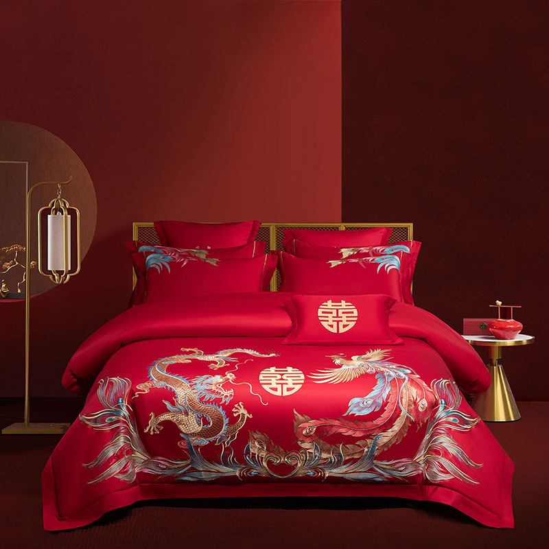 纯刺绣婚庆四件套磨毛棉苏绣花大红色龙凤陪嫁妆结婚新房高端床品