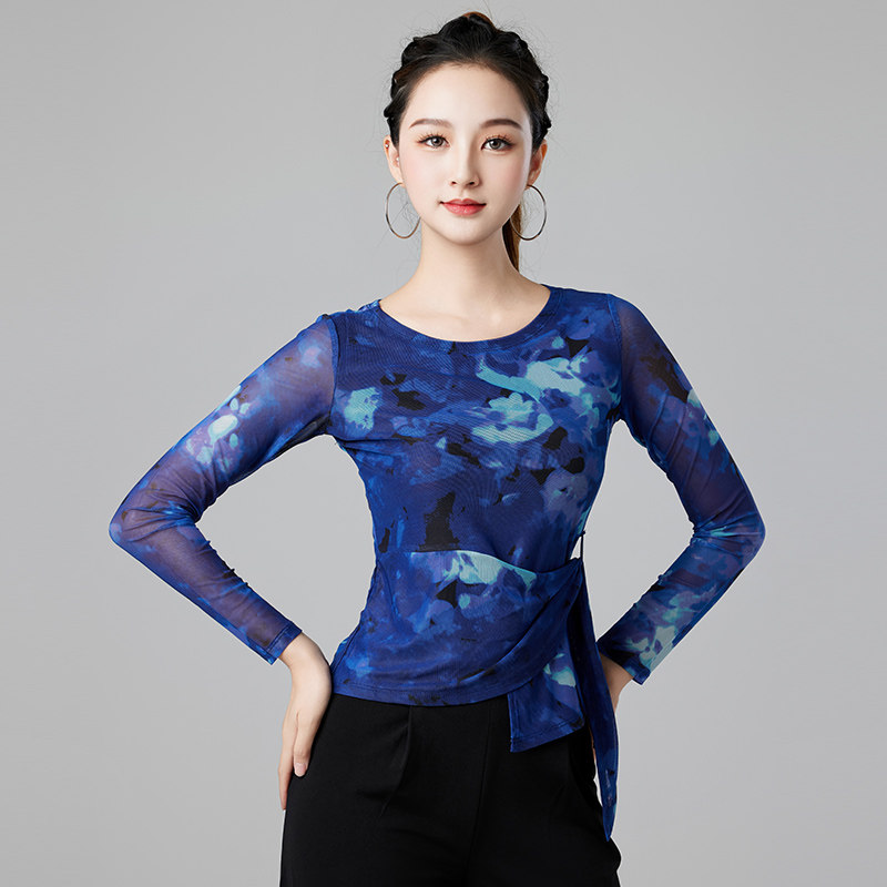 摩登舞上衣女2025新款国标舞蹈比赛服网纱中袖练功服拉丁舞服装女