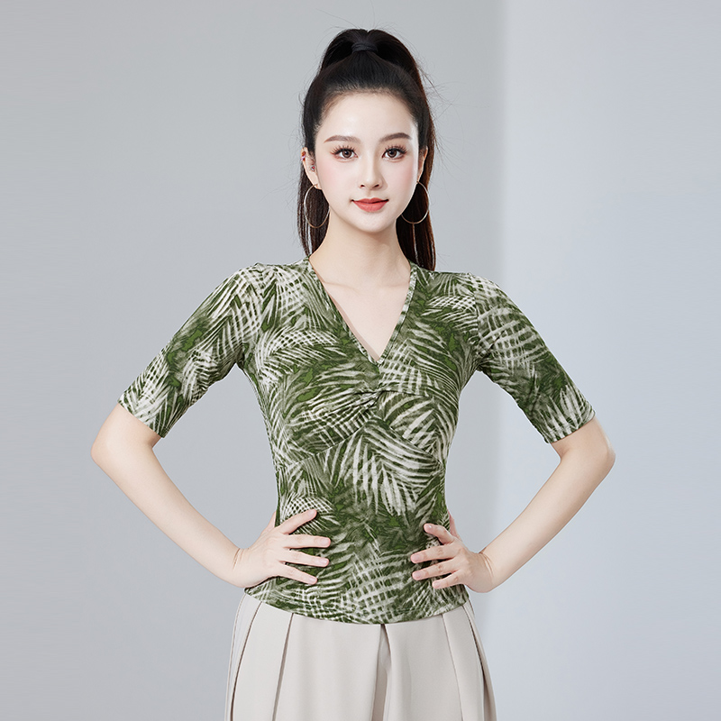 摩登舞上衣新款拉丁舞练功服印花薄款女成人跳舞衣古典舞表演服