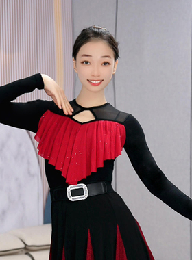 广场舞拉丁舞伦巴上衣女网纱拼接设计华尔兹舞服优雅摩登舞比赛服
