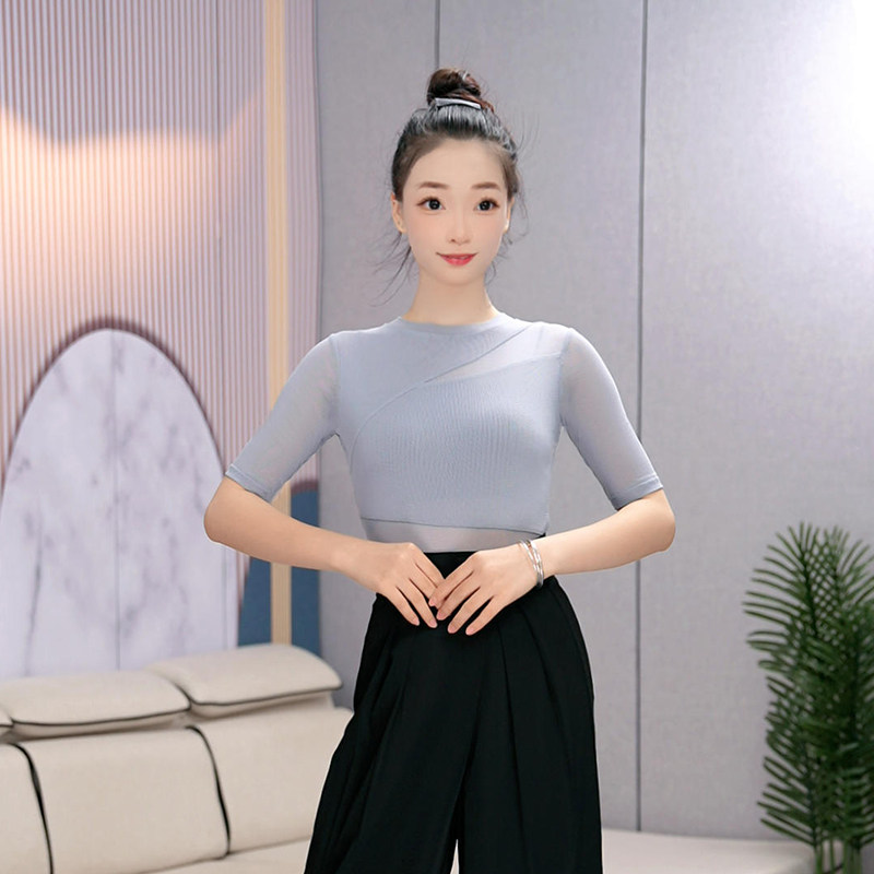 绚悦拉丁舞服夏季连体网纱中袖时尚修身圆领上衣摩登舞训练专业服