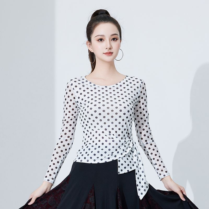 网纱印花舞蹈服现代舞古典舞长袖中袖练功服系带收腰显瘦上衣
