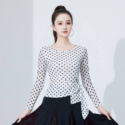 网纱印花舞蹈服现代舞古典舞长袖中袖练功服系带收腰显瘦上衣