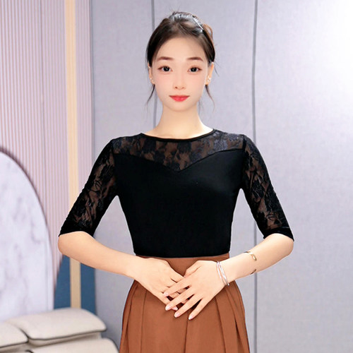 绚悦新款摩登舞成人优雅玫瑰蕾丝拼接上衣女形体训练服广场舞服装