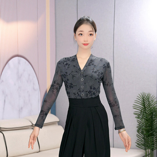0新款时尚摩登舞蹈服V领印花瑜伽服柔软拉丁舞服优雅国标舞练功服