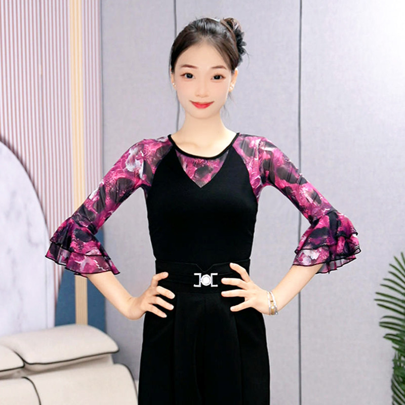 绚悦新款时尚碎花舞蹈服上衣女款优雅修身交谊舞华尔兹专业练功服
