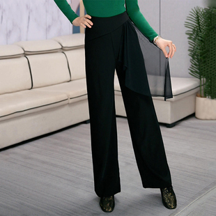 高腰直筒舞蹈裤拼接网纱设计优雅时尚摩登舞裤子交谊舞专用裤长款