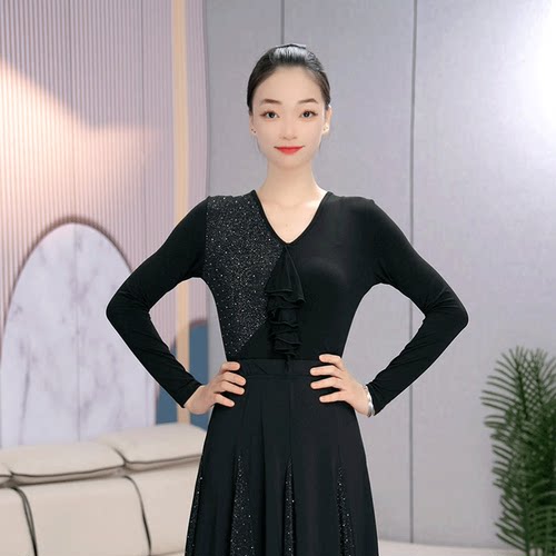 时尚新款摩登舞服V领长袖柔美风拉丁舞上衣高端设计国标舞练功服