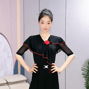 绚悦气质红黑撞色玫瑰摩登舞上衣女修身显瘦交谊舞衣国标舞演出服