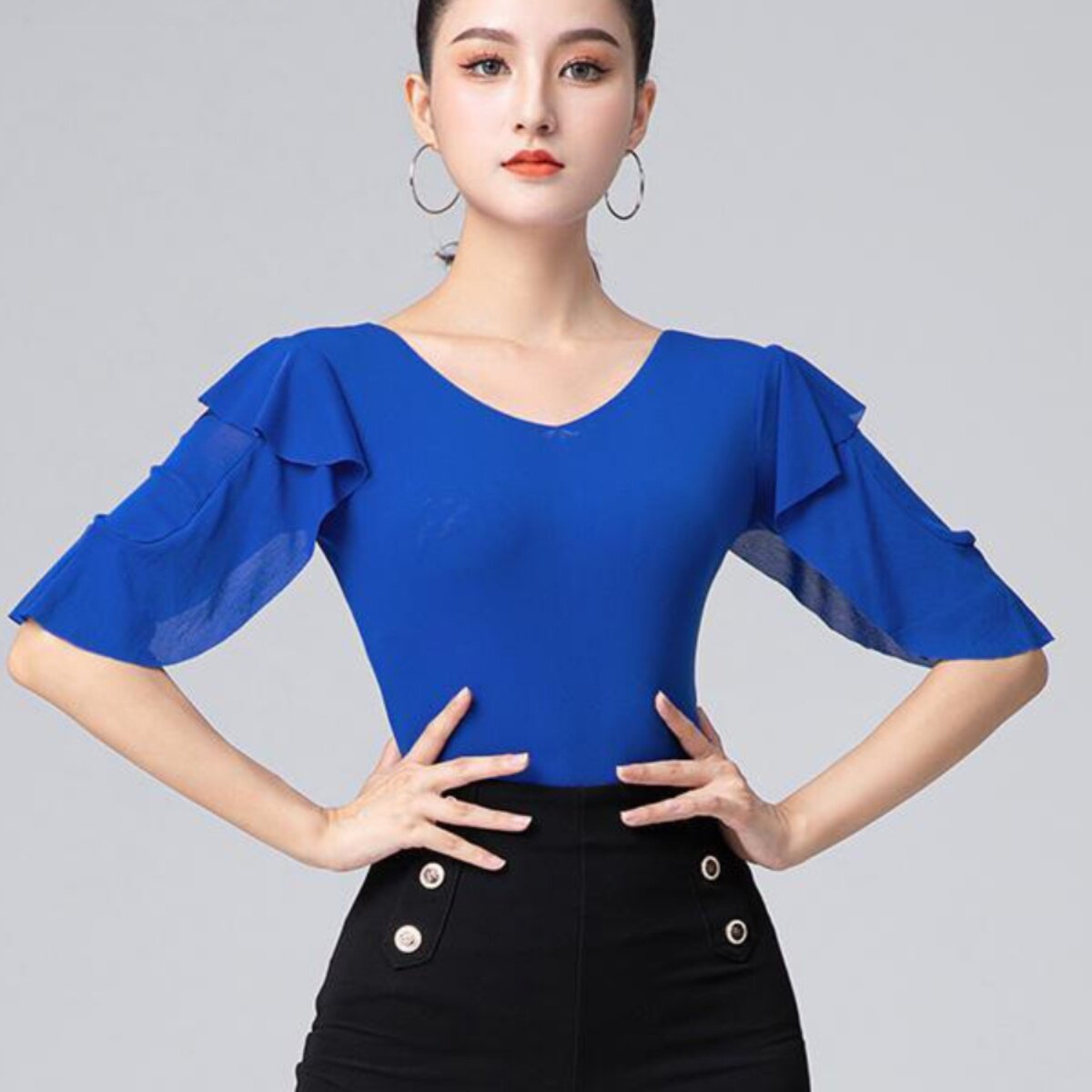 摩登舞上衣女新款拉丁舞荷叶边中袖交谊舞上装舞蹈练功服连体舞衣