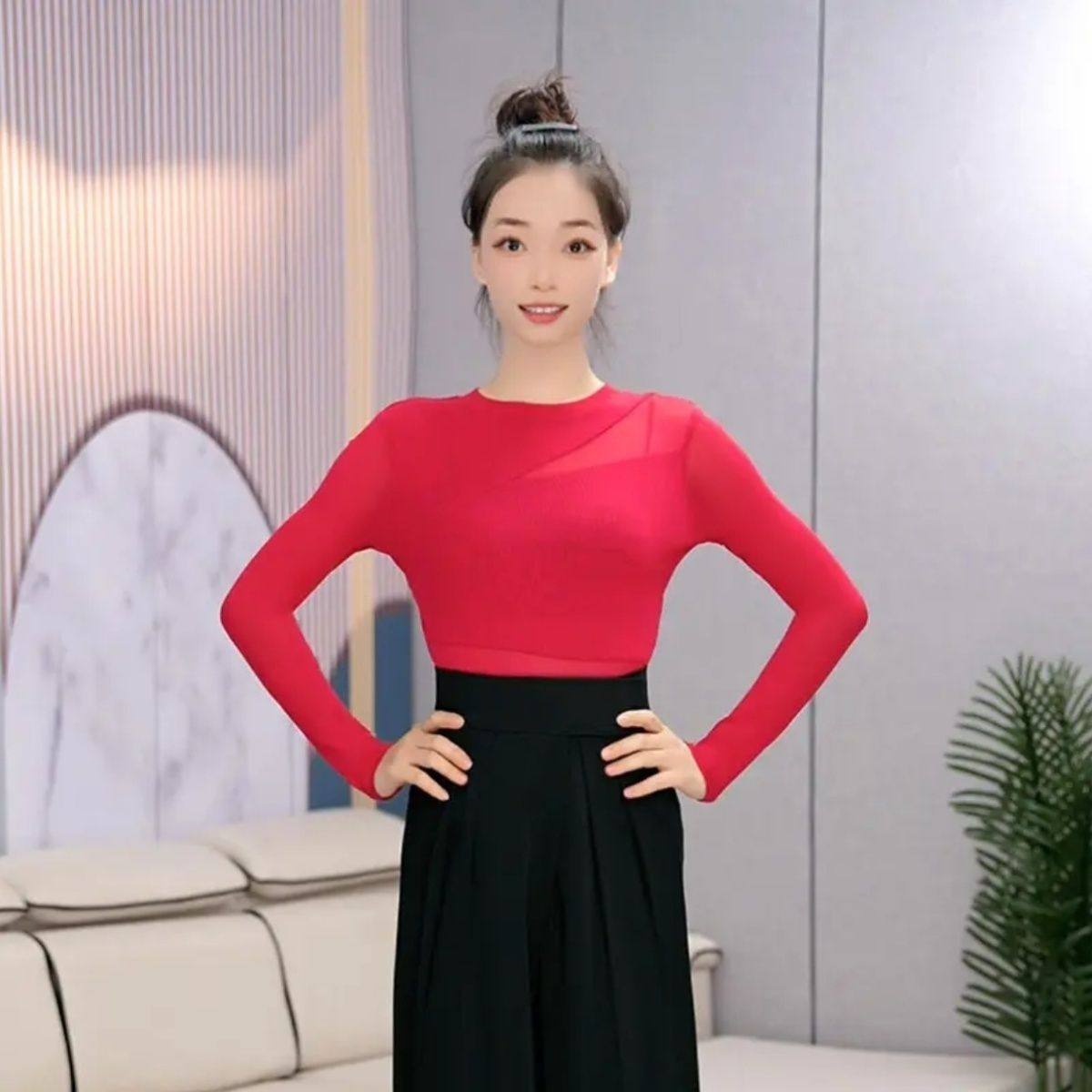 新款拉丁舞演出服修身圆领显瘦摩登舞连体上衣时尚女装练功连体衣