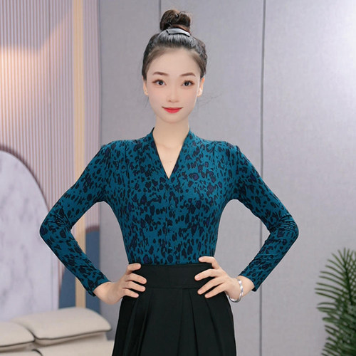 0拉丁舞连体上衣女成人摩登舞服V领豹纹印花练功服表演服装交谊舞