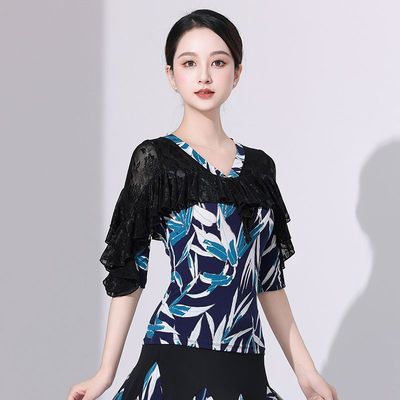 摩登舞上衣女新款拉丁舞国标舞交际舞华尔兹圆领荷叶连体衣练功服