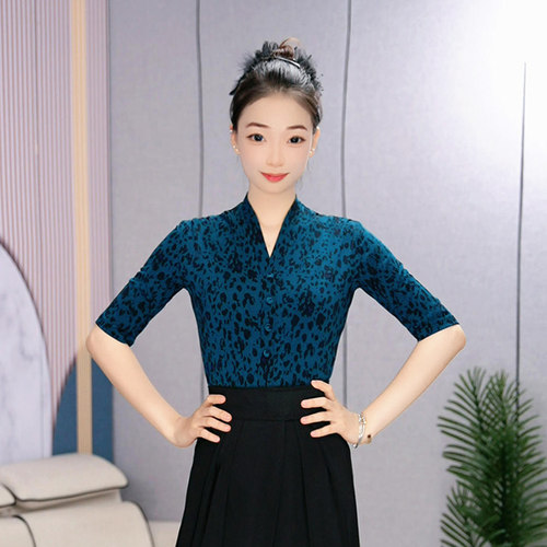 绚悦新款拉丁舞成人修身中袖交际舞练功服时尚豹纹优雅国标舞蹈服