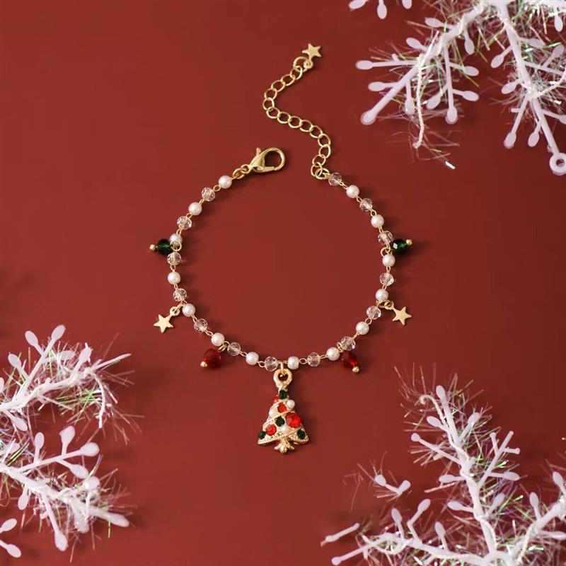 原创设计圣诞树手链项链套装镶钻珍珠手环可调节甜美手绳新年喜庆