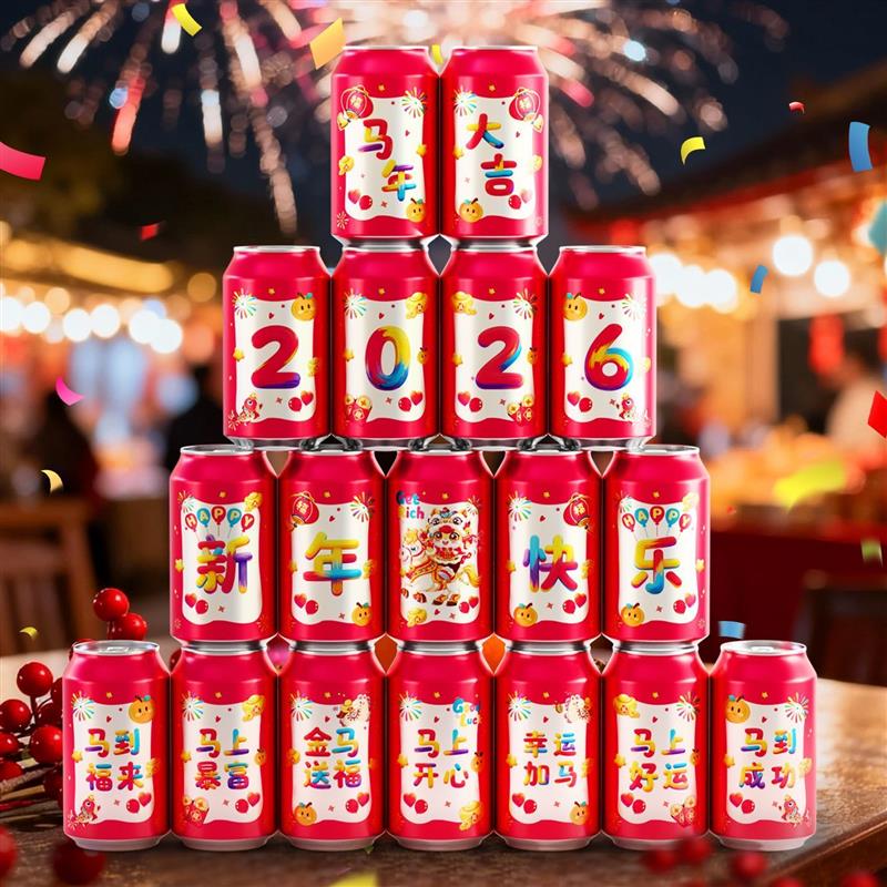 2026新款新年装饰品可乐贴纸卡通易拉罐贴春节喜庆氛围感布置用品