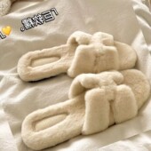 平底毛毛拖鞋 女外穿2025新款 秋冬季 法式 平底毛茸茸慵懒一字棉拖鞋