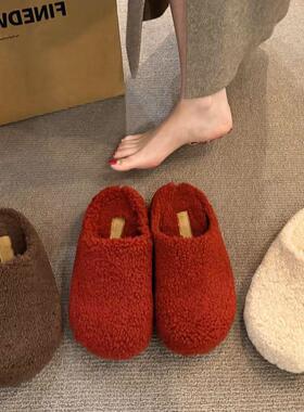 小众红色毛毛鞋拖鞋女鞋子外穿新款秋冬季复古加绒棉鞋包头半拖鞋