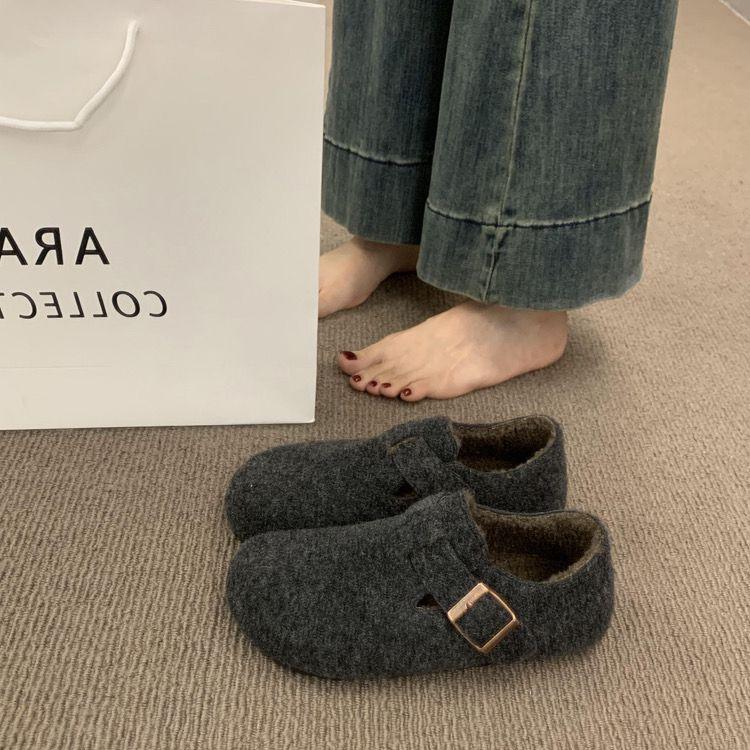 复古圆头毛毡加绒勃肯鞋女加绒秋冬季一脚蹬保暖棉瓢鞋毛呢乐福鞋