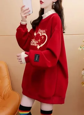 中长款加绒卫衣女遮屁股加厚红色冬季2026新款爆款本命年马年上衣