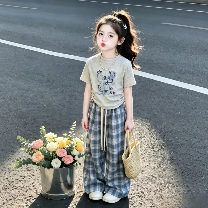 女童夏季新款韩版休闲套装短袖格子阔腿裤两件套中大童可爱潮搭夏