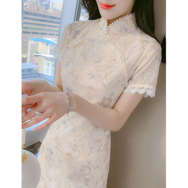 中国风改良式旗袍连衣裙女夏高级感2025新款气质开叉碎花雪纺长裙