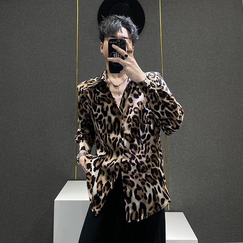冰丝豹纹衬衫男士2025春夏季新款