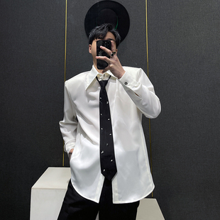 白色衬衫男士带水钻领带2024春季新款百搭长袖夜店潮痞帅韩版衬衣