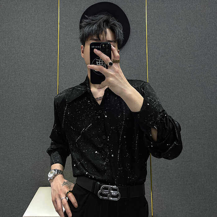 垫肩高级夜店星空夏季透气衬衫男上衣痞帅宽松演出服时尚长袖衬衣