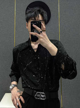 垫肩高级夜店星空夏季透气衬衫男上衣痞帅宽松演出服时尚长袖衬衣