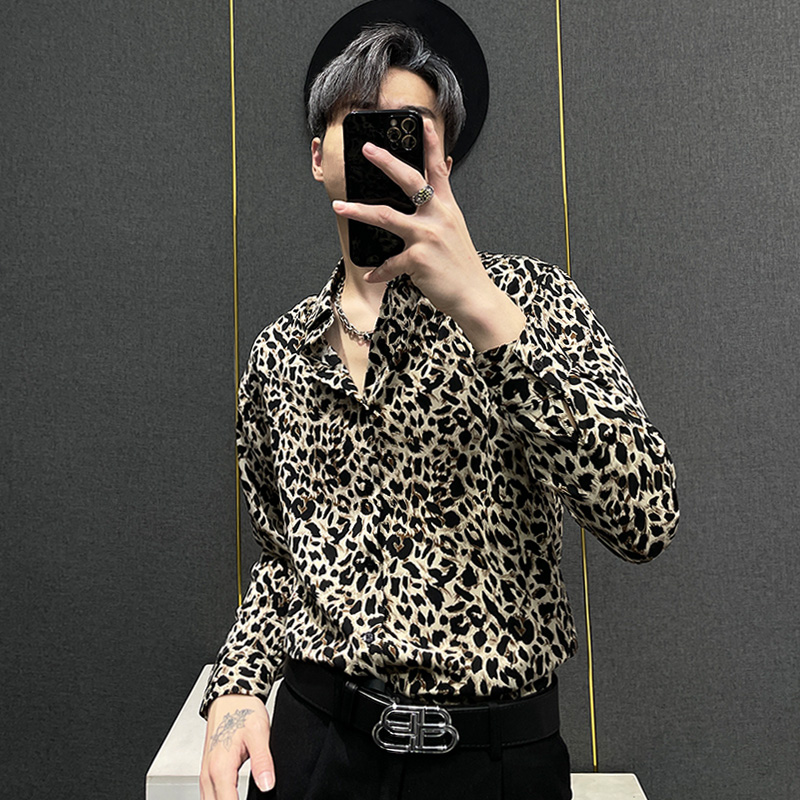 夏季冰丝衬衫男高级豹纹设计复古