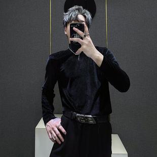 打底衫 T恤男休闲高级感基础修身 上衣 丝绒条纹半高领长袖 秋冬新品