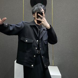 外套高级感 夹克男黑色金属扣设计感短款 鹿鹿 假两件设计翻领工装