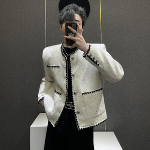 鹿鹿 外套男高级感烫钻包边夹克春秋百搭上衣 轻奢小香风白色短款
