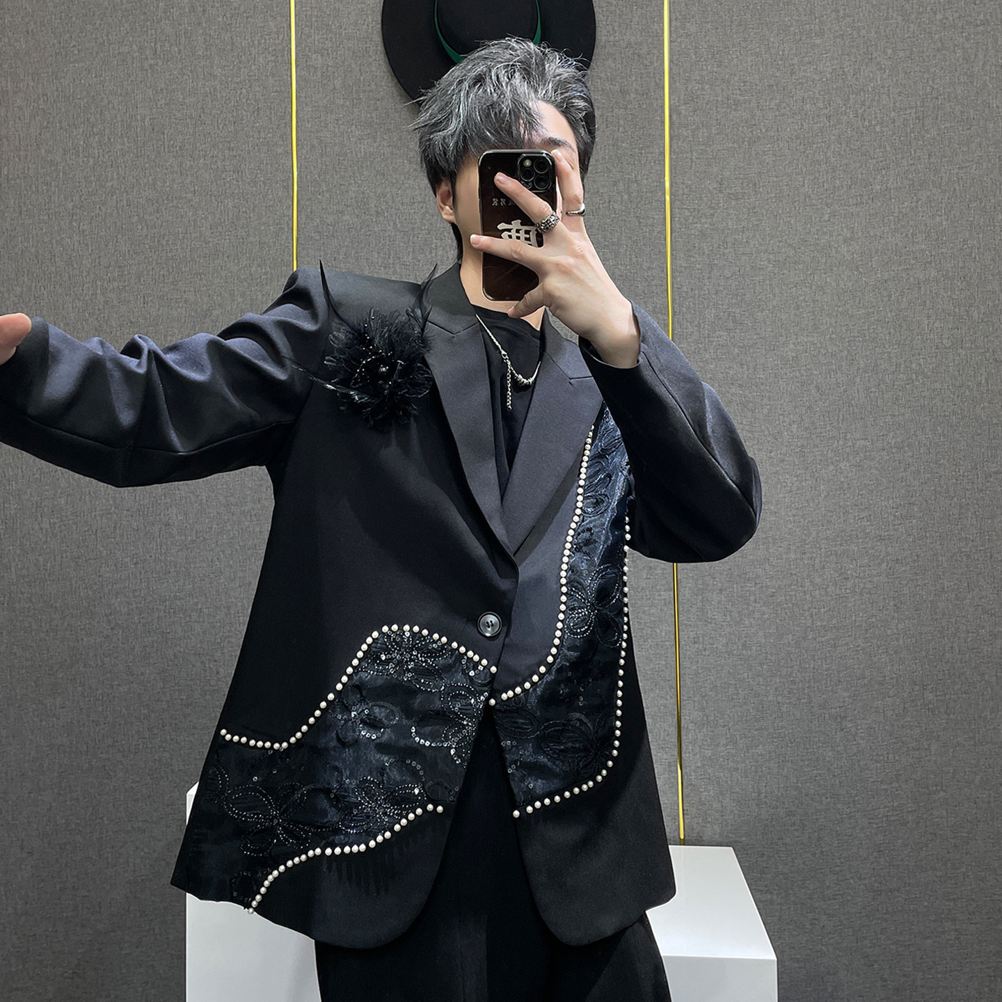 鹿鹿/小众高级感重工钉珠刺绣西装外套男痞帅潮流宽松演出服西服,男装,休闲西服,淘宝优惠券,粉丝福利购,淘宝优惠卷