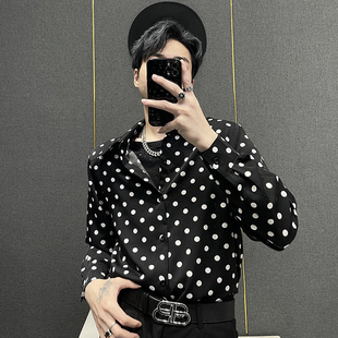 丝滑雪纺宽松垫肩印花波点衬衣男士 男长袖 痞帅 圆点衬衫 2025春夏季