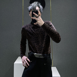 修身 丝绒t恤男士 潮流时尚 豹纹印花V领长袖 秋冬新款 保暖打底衫 韩版