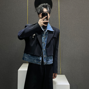 鹿鹿 外套 小众设计感假两件牛仔拼接西服男高级痞帅宽松垫肩西装
