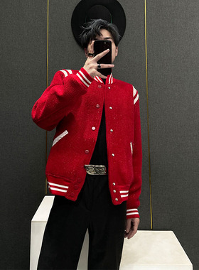 美式复古红色棒球服外套男秋冬季潮牌痞帅高级感炸街休闲夹克899