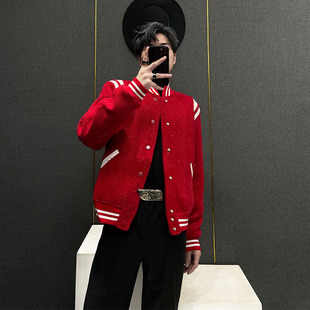 美式 潮牌痞帅高级感炸街休闲夹克899 复古红色棒球服外套男秋冬季