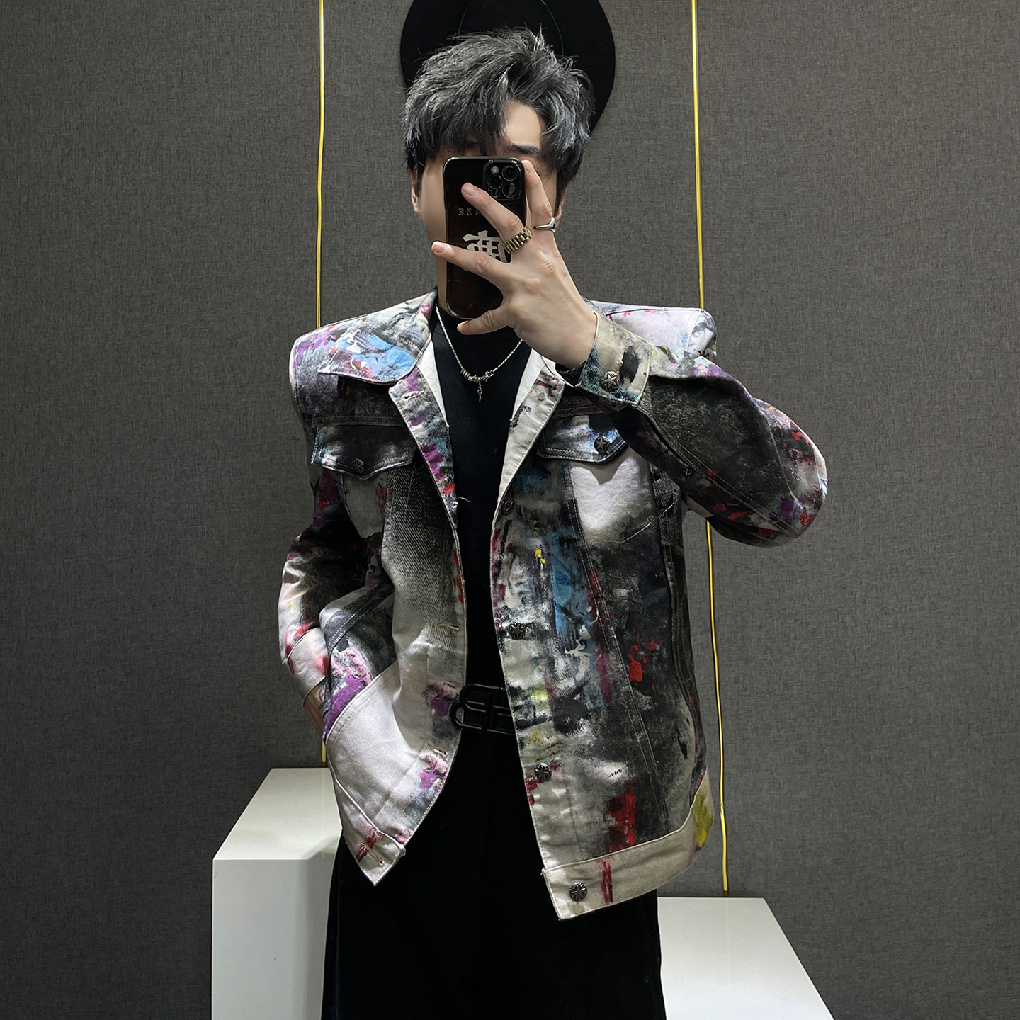 小众废土涂鸦脏染牛仔外套男ins