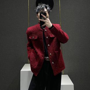 高级感轻奢痞帅垫肩亮丝夹克 粗花呢红色小香风外套男生 秋季 新品