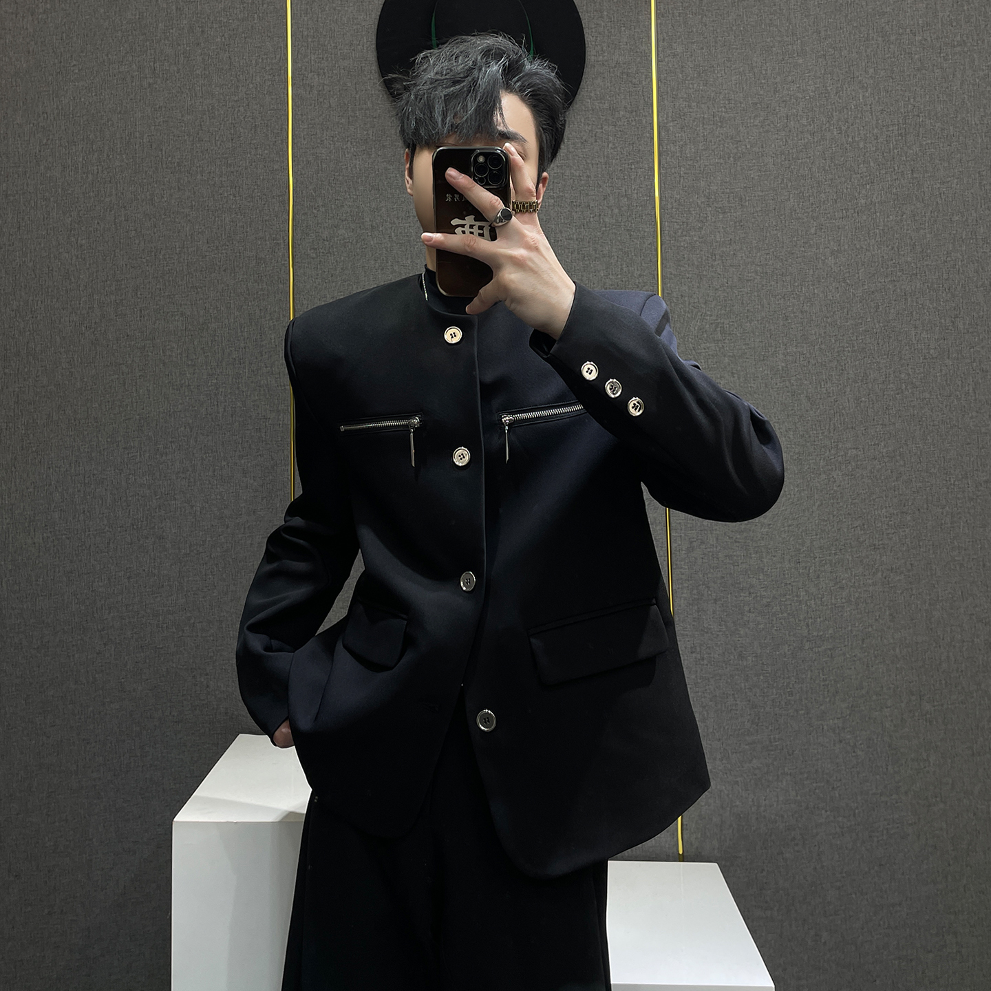 小众极简黑色休闲无领西装男高级