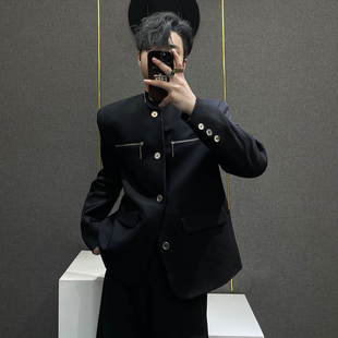 饰垫肩西服潮 男高级设计感拉链装 鹿鹿 小众极简黑色休闲无领西装