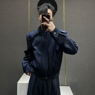 秋季 套装 新品 高级设计感竖条纹宽松阔腿裤 韩系立领外套男士 鹿鹿