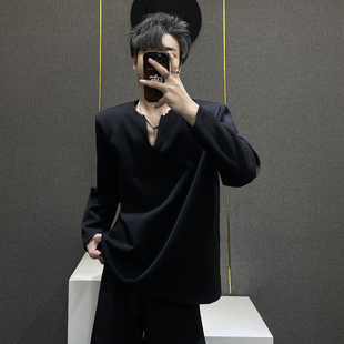 美式 饰垫肩t恤男春秋痞帅高级感cleanfit长袖 小众V领金属装 鹿鹿