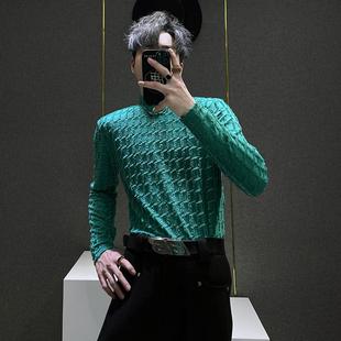 男士 长袖 秋季 毛茸茸弹力修身 T恤 新款 英伦风毛边格纹半高领打底衫