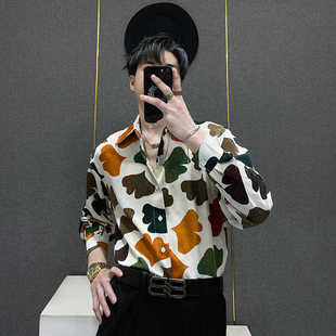 男 衬衣男垂坠丝滑设计感印花衬衫 春夏新品 潮牌ins复古痞帅花长袖