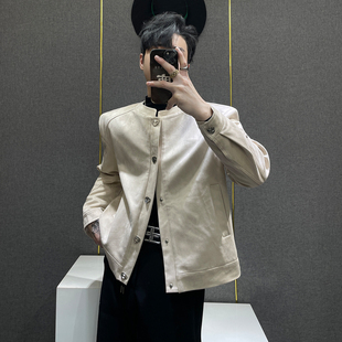 鹿鹿 鹿皮绒简约休闲风无领夹克男秋冬宽松百搭金属扣高级感外套